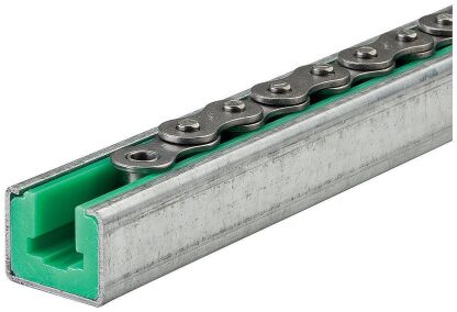 Prowadnica łańcucha rolkowego jednorzędowego, z rowkiem prowadzącym, zamknięta w stalowym profilu profil 9,  3/8”x7/32”