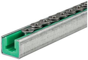 Prowadnica łańcucha rolkowego jednorzędowego, z rowkiem prowadzącym, zamknięta w stalowym profilu profil 9,  1/2”x5/16”